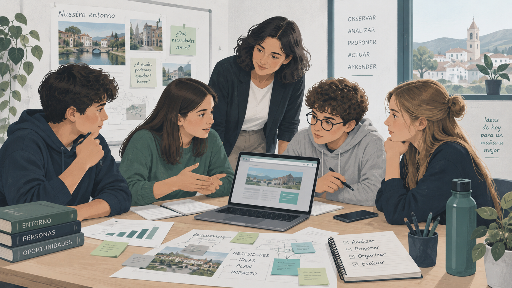Alumnado trabajando en equipo en un proyecto emprendedor