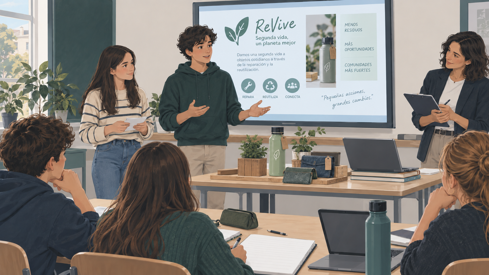 Alumnado presentando y defendiendo su proyecto ante la clase mientras la docente observa y evalúa